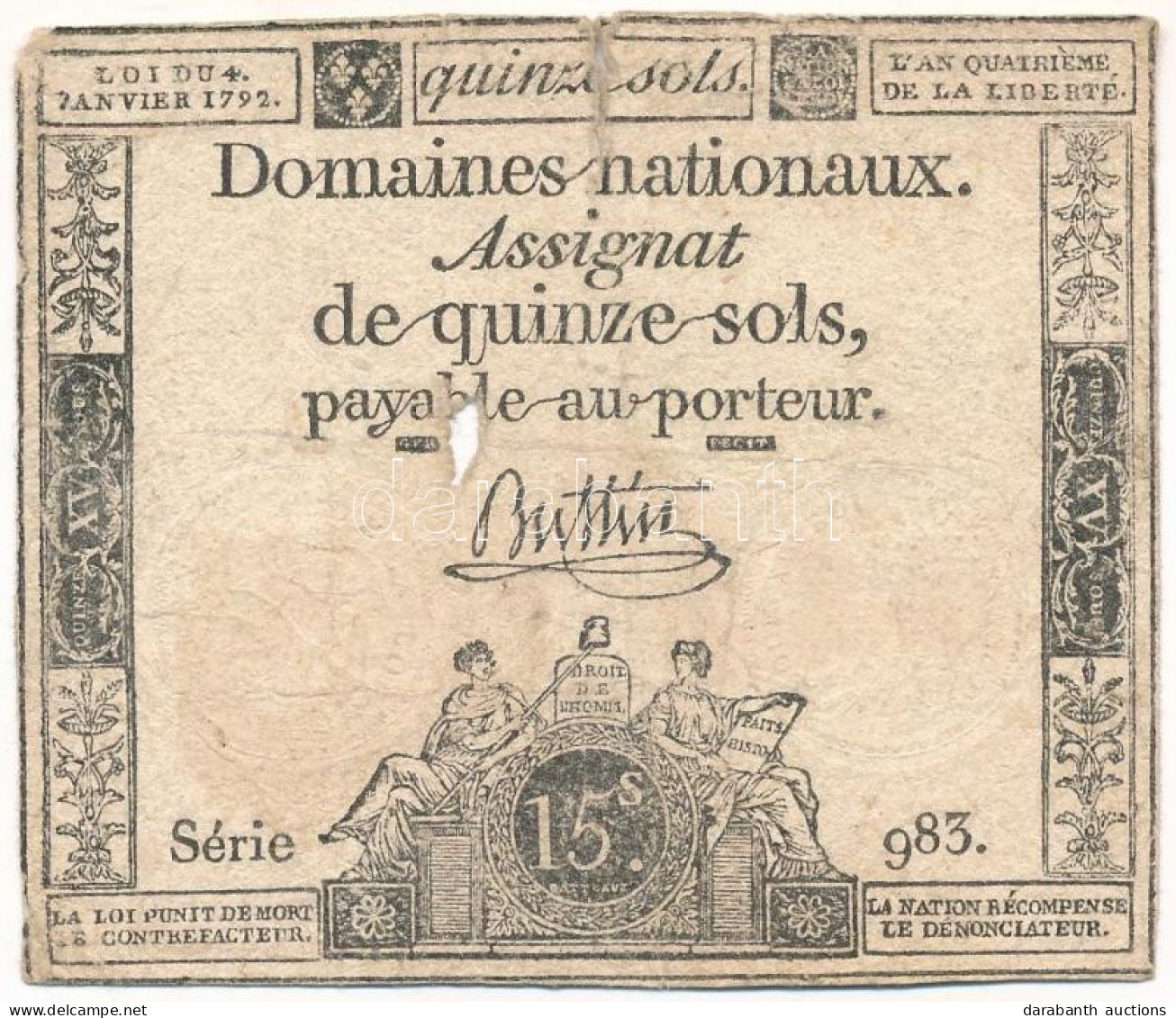 Franciaország 1792. 15s "Assignata" T:VG  France 1792. 15 Sol "Assignata" C:VG  Krause P#A65a.1 - Zonder Classificatie