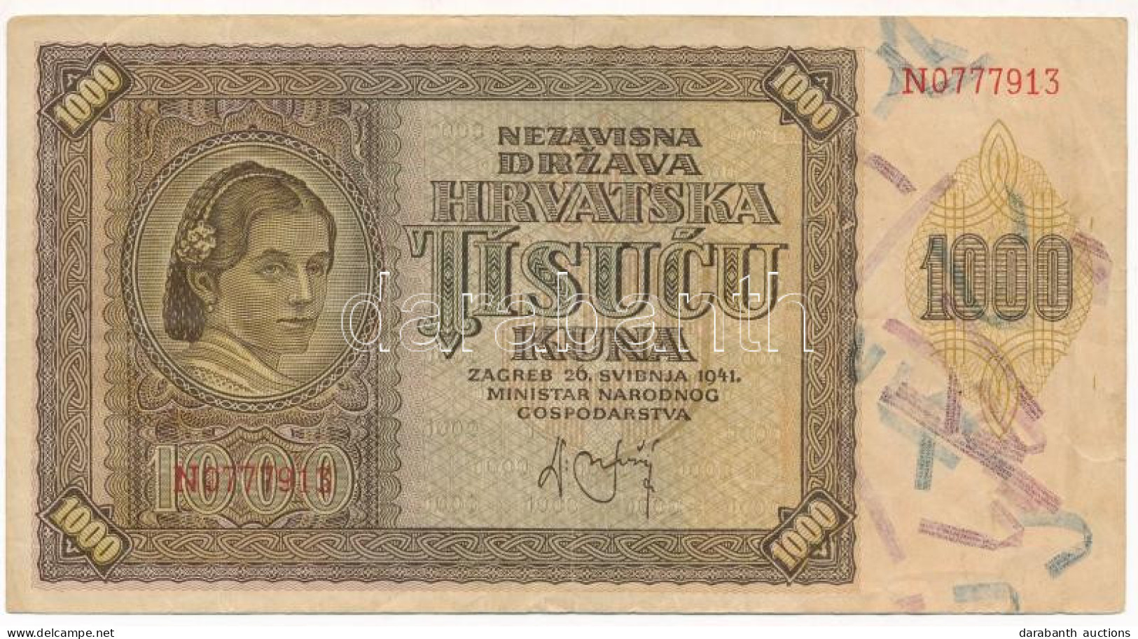 Horvátország / Független Horvát Állam 1941. 1000K "N" T:F Independent State Of Croatia 1941. 1000 Kuna "N" C:F Krause P# - Zonder Classificatie