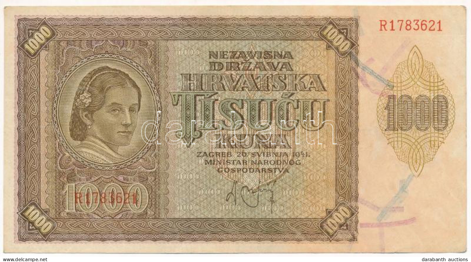 Horvátország / Független Horvát Állam 1941. 1000K "R" T:F Szép Papír Independent State Of Croatia 1941. 1000 Kuna "R" C: - Ohne Zuordnung