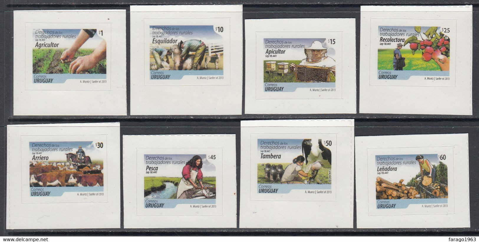 2013 Uruguay Professions Definitives Rural Workers Farming Bees Agriculture Cattle  Complete Set Of 8 MNH - Uruguay