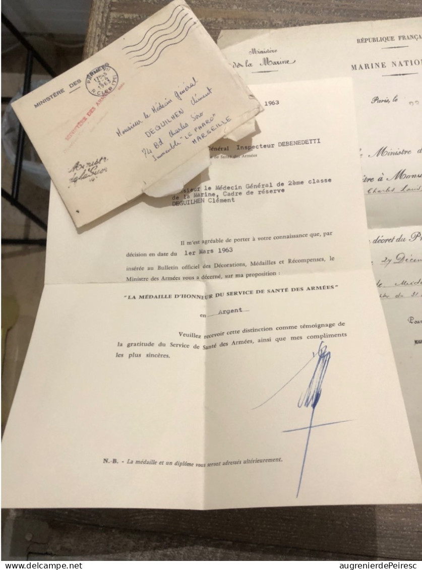 Lettre De Médaille D’honneur Du Service De Santé « Argent » 1963 - France