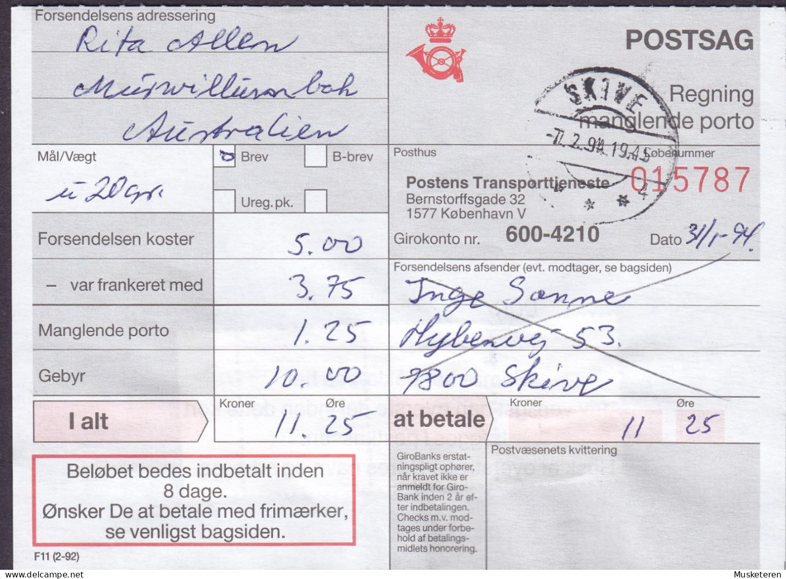 Denmark Regning Manglende Porto Bill TAXE Postage Due Australia Line Cds. SKIVE POSTKONTOR 1994 Postsag 3-Stripe - Cartas & Documentos