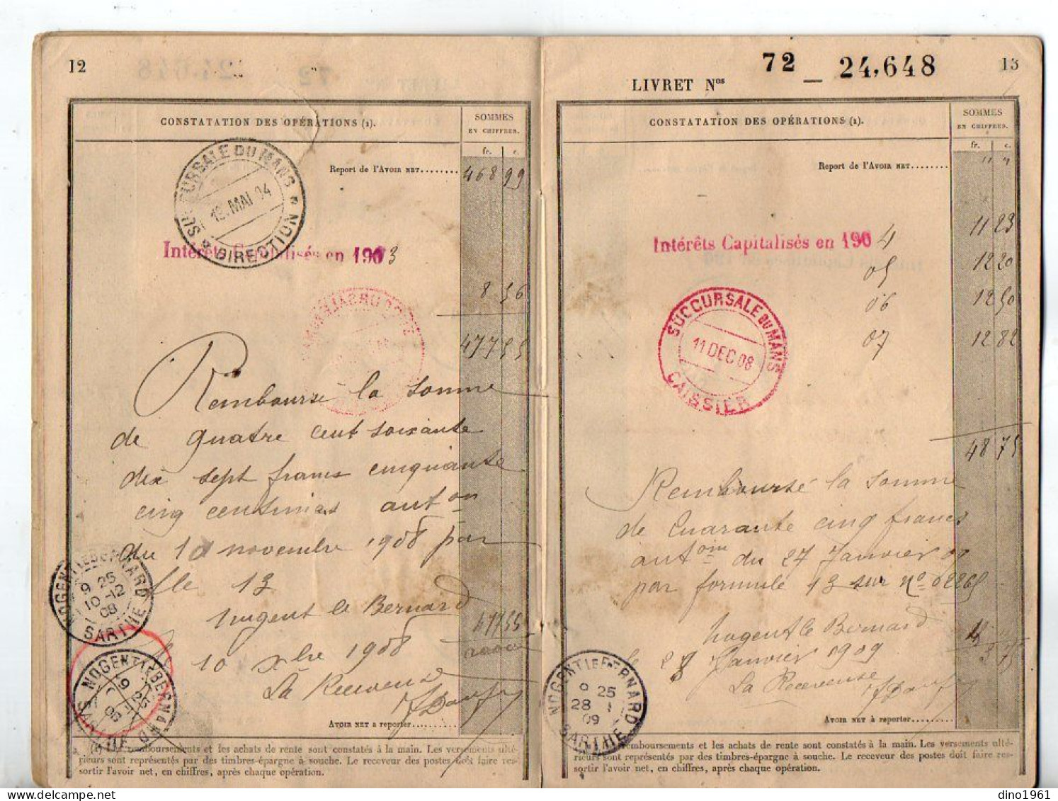 VP23.095 - LE MANS x SAINT - COSME x NOGENT LE BERNARD 1883 - Livret de Caisse d'Epargne ....M. Louis MAIGNAN