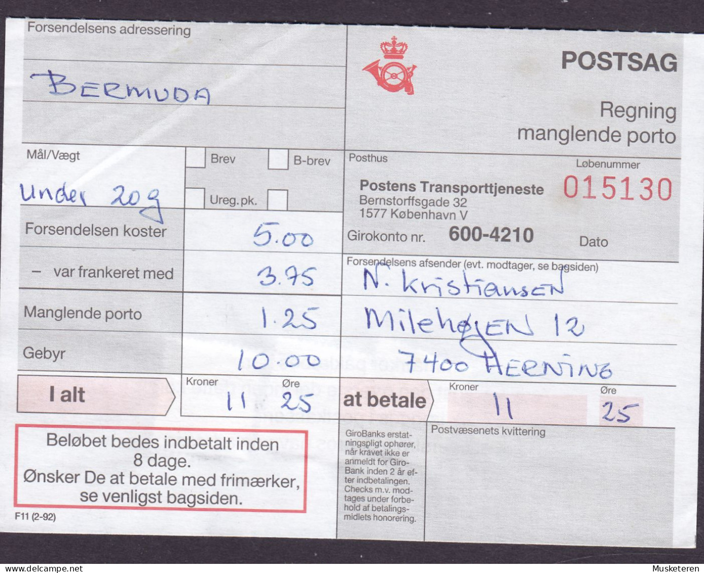 Denmark Regning Manglende Porto Bill TAXE Postage Due Bermuda Line Cds HERNING POSTKONTOR 1993 Postsag 3-Colour Franking - Covers & Documents