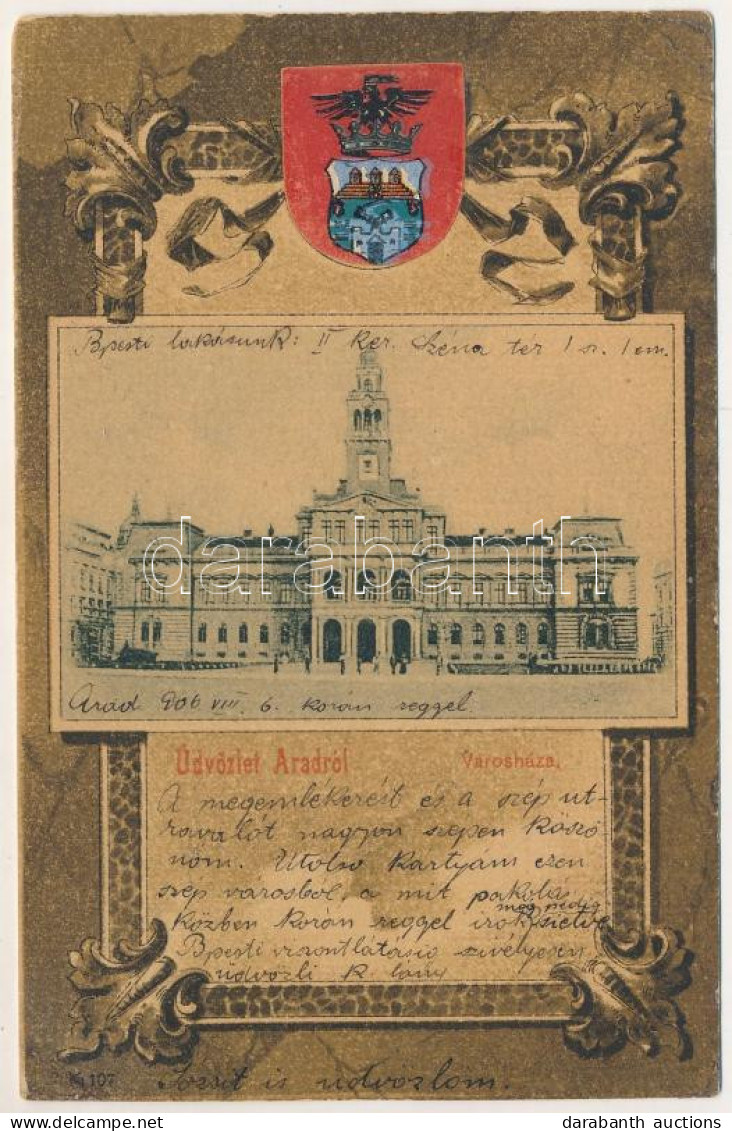 T2/T3 1906 Arad, Városháza. Szecessziós Litho Keret Címerrel / Town Hall. Art Nouveau Litho Frame With Coat Of Arms (EK) - Non Classés