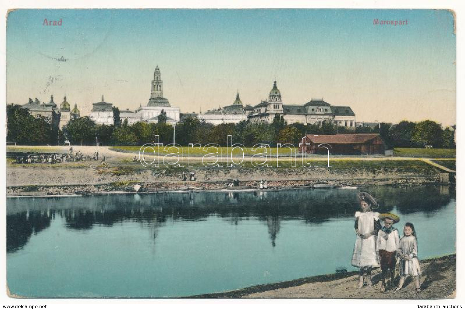 T2/T3 1916 Arad, Marospart, Templomok. Montázs Gyerekekkel / Mures Riverside, Churches. Montage With Children (EK) - Non Classés