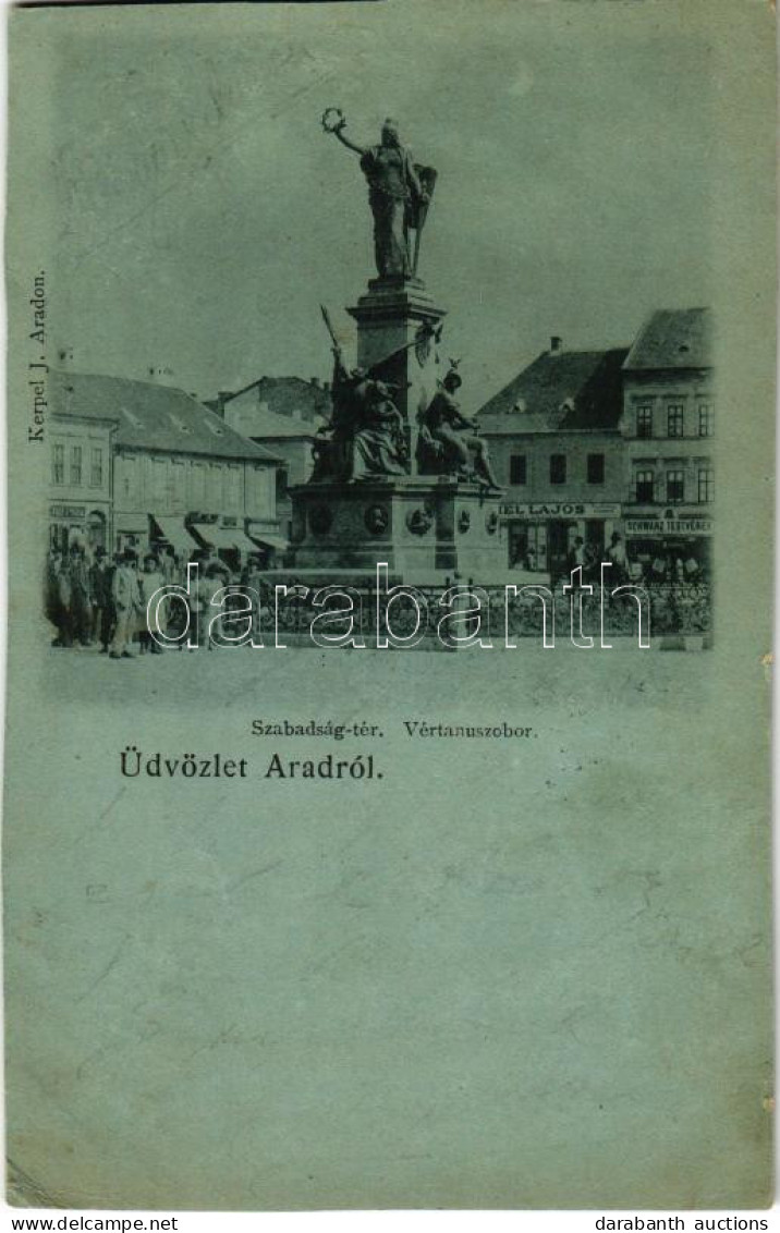 * T3 1900 Arad, Szabadság Tér, Vértanú Szobor, Schwarz Testvérek üzlete, Este. Kerpel I. Kiadása / Square, Statue, Night - Unclassified