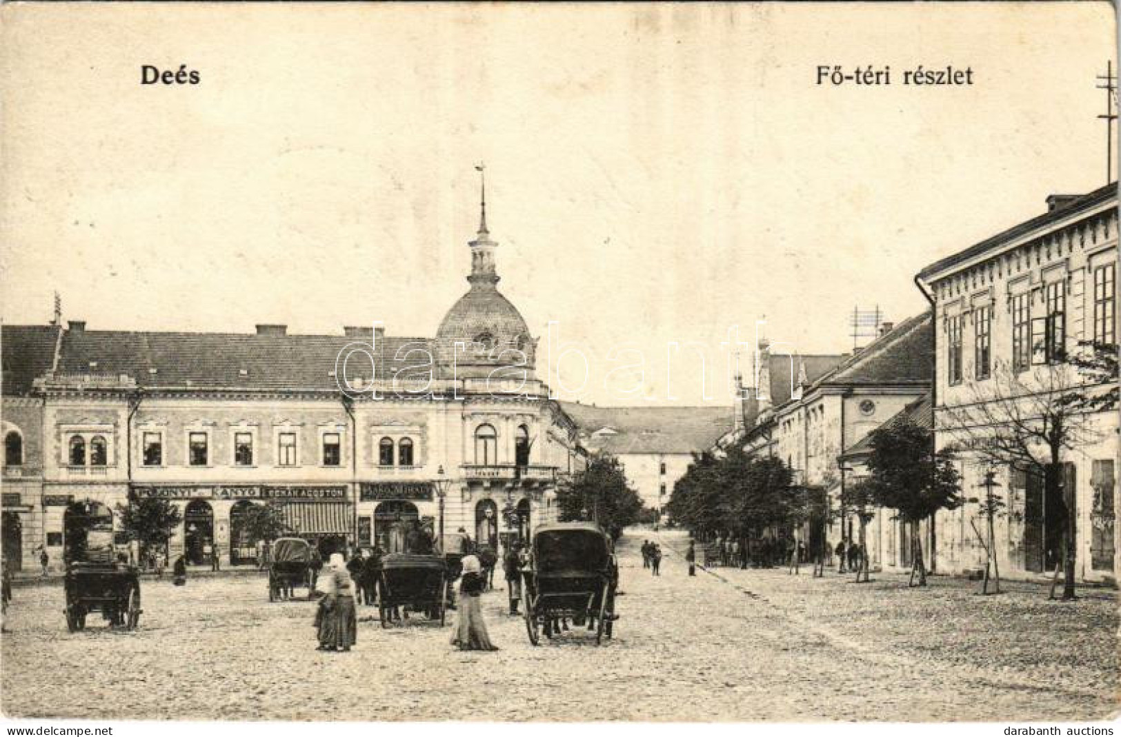 T2/T3 1906 Dés, Dej; Fő Tér, Lovas Hintók, Polonyi és Kanyó, Rehák Ágoston, Bakó Mihály és Fesztinger Sámuel üzlete / Ma - Non Classificati