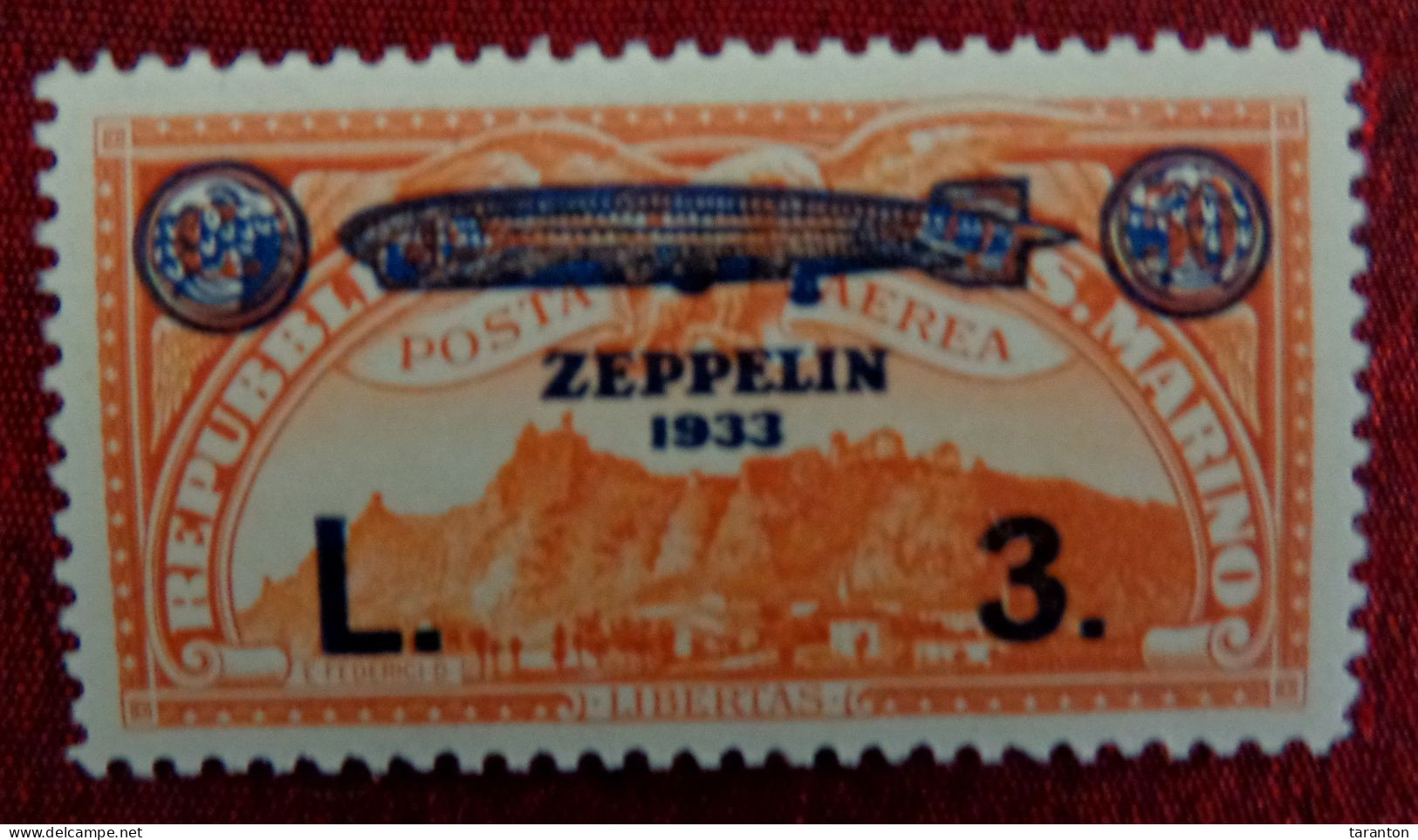 1933 - SAN MARINO, POSTA AEREA, CROCERA GRAF ZEPPELIN, 3 LIRE SU 50 CENTESIMI, SS.11 - Verzamelingen (zonder Album)