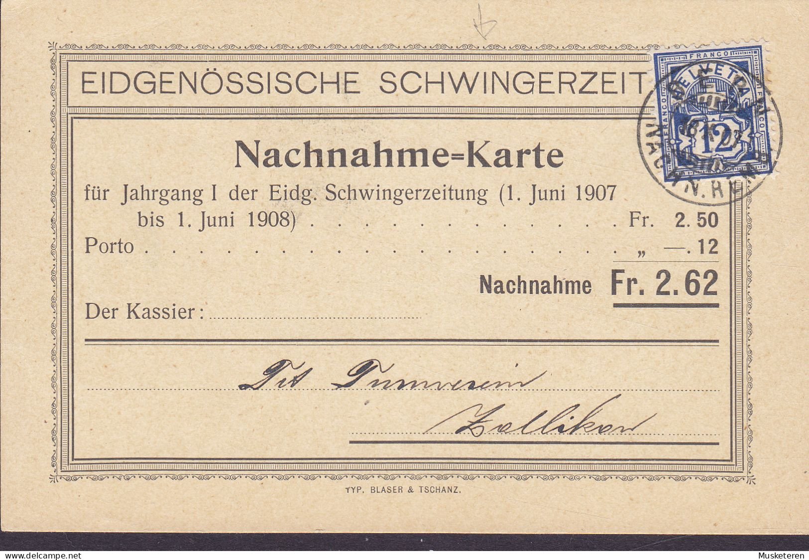 Switzerland EIDGENÖSSISCHE SCHWINGERZEIT, ZÜRICH 1907 Card Karte Carte ZOLLIKON (Arr.) Nachnahme-Karte (2 Scans) - Lettres & Documents