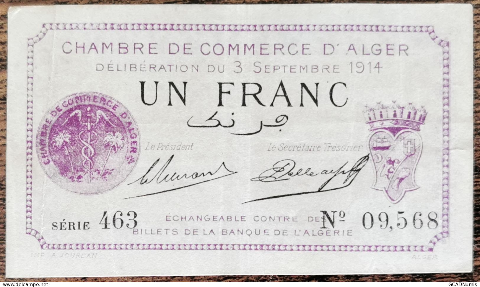 Billet 1 Franc Chambre De Commerce D'ALGER - 1914 Nécessité  Série 463 - Algérie - Algerije