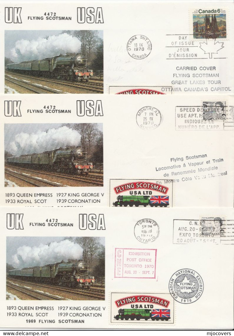 FLYING SCOTSMAN 3 Diff CARRIED STEAM RAILWAY 1970  CANADA Ottawa Montreal Toronto Train Stamps Covers Cover - Trenes