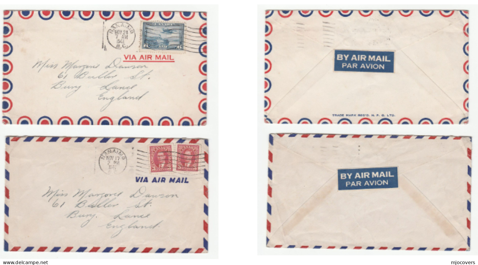 2 X 1941 Nanaimo CANADA Airmail COVERS To Gb Stamps Air Mail Label Cover - Brieven En Documenten