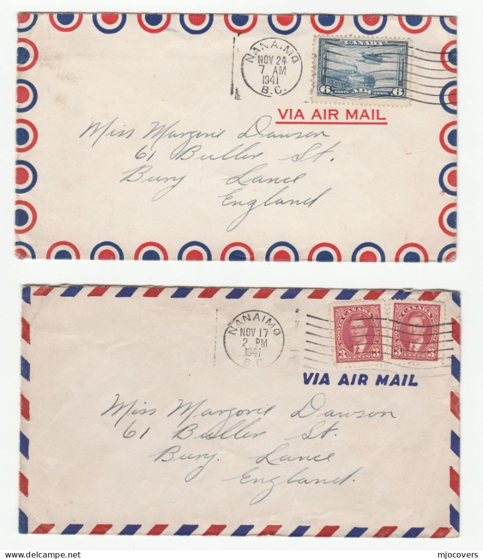 2 X 1941 Nanaimo CANADA Airmail COVERS To Gb Stamps Air Mail Label Cover - Briefe U. Dokumente