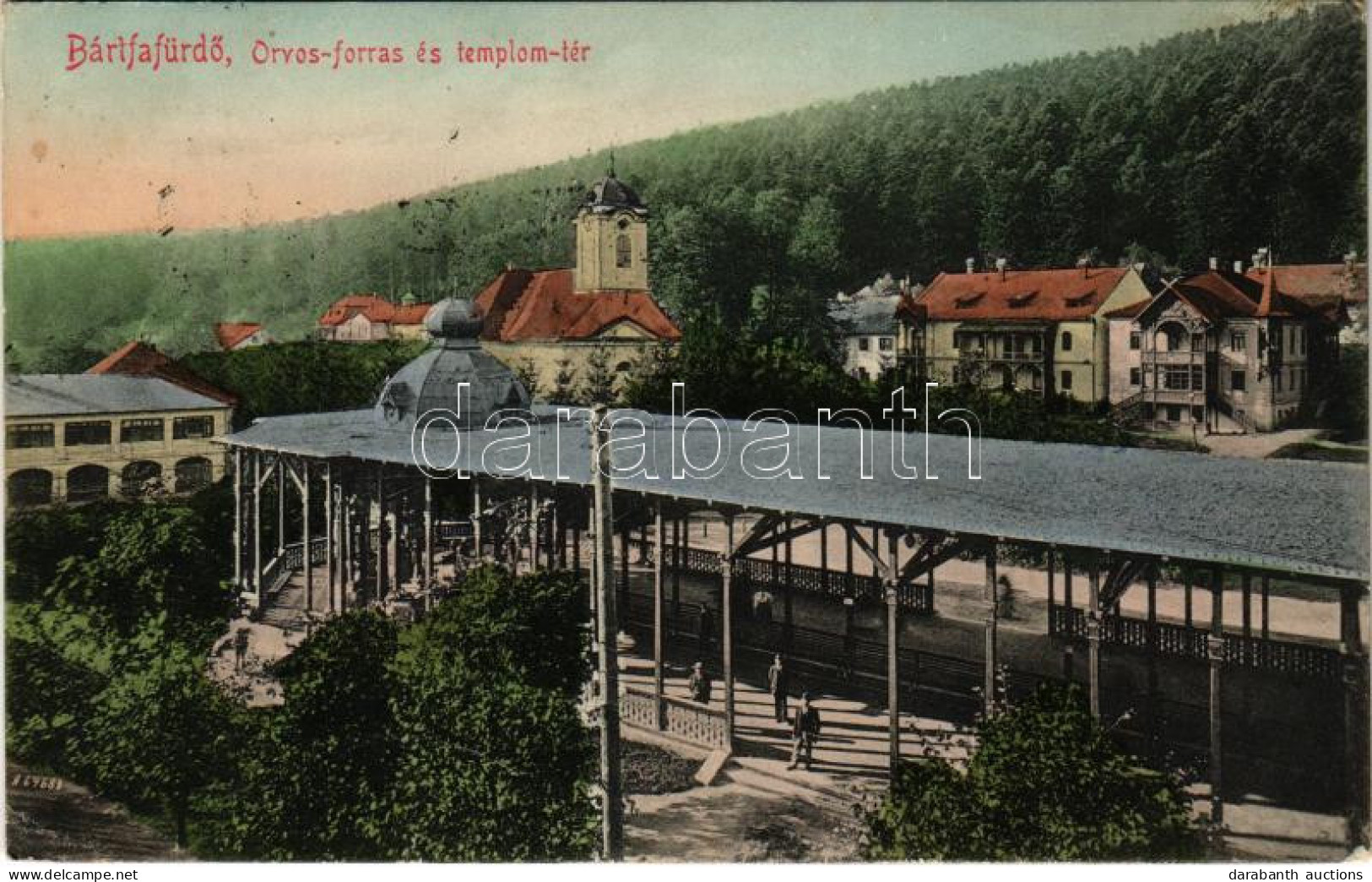 T3 1911 Bártfafürdő, Bardejovské Kúpele, Bardiov, Bardejov; Orvos-forrás és Templom Tér. Eschwig és Hajts Kiadása. Hajts - Unclassified