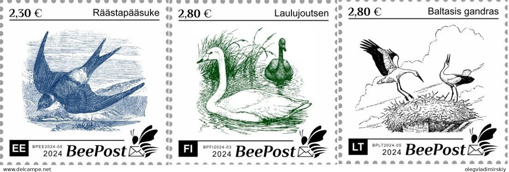 Estonia Finland Lithuania 2024 Birds Definitives BeePost Set Of 3 Stamps MNH - Estland