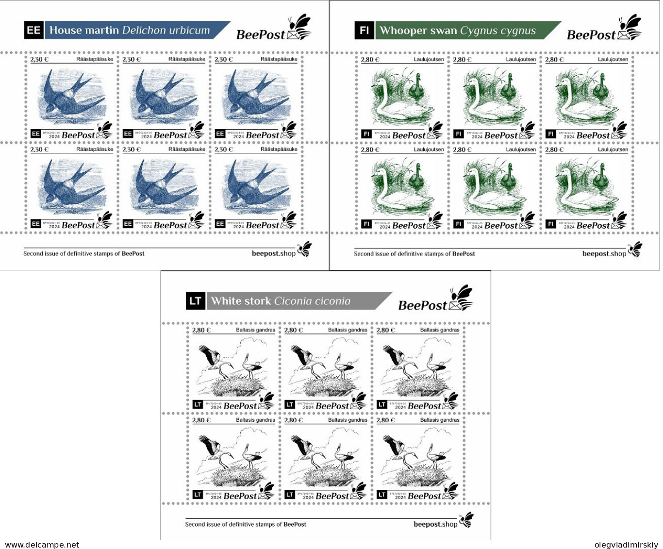 Estonia Finland Lithuania 2024 Birds Definitives BeePost Set Of 3 Sheetlets MNH - Estonia