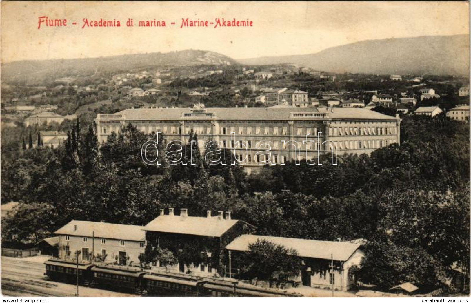 T2 1913 Fiume, Rijeka; Osztrák-magyar Haditengerészeti Akadémia, Vasútállomás Vonattal / Academia Di Marina / K.u.K. Kri - Ohne Zuordnung