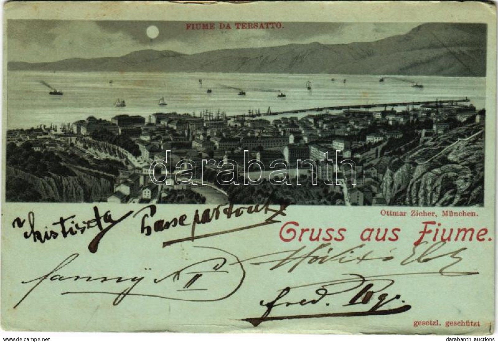T3 1898 (Vorläufer) Fiume, Rijeka; Tersatto / Trsat At Night. Ottmar Zieher Art Nouveau Litho (gyűrődések / Creases) - Ohne Zuordnung