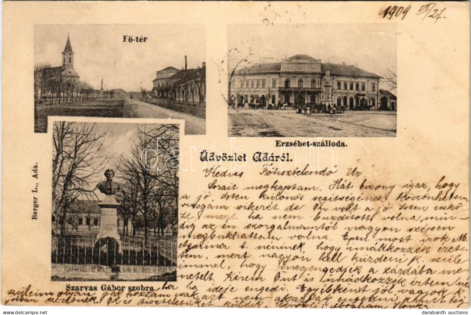 T2/T3 1904 Ada, Fő Tér, Erzsébet Szálloda, Szarvas Gábor Szobor. Berger L. Kiadása / Main Square, Hotel, Statue (EK) + " - Unclassified