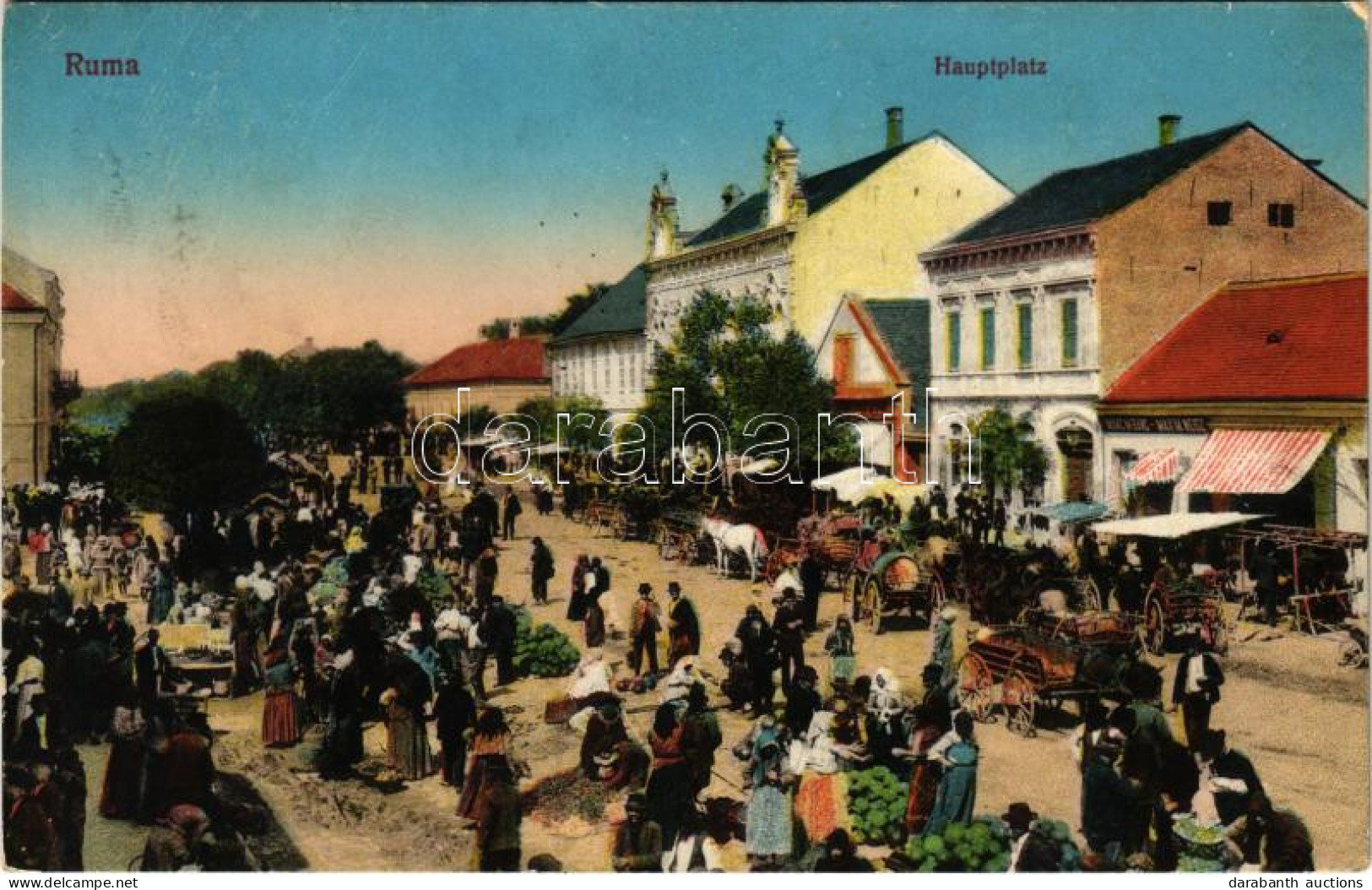 T2/T3 1913 Árpatarló, Ruma; Fő Tér, Piac Dinnye árusokkal, Max M. Weisz üzlete. R. Weninger Kiadása / Main Square, Marke - Unclassified