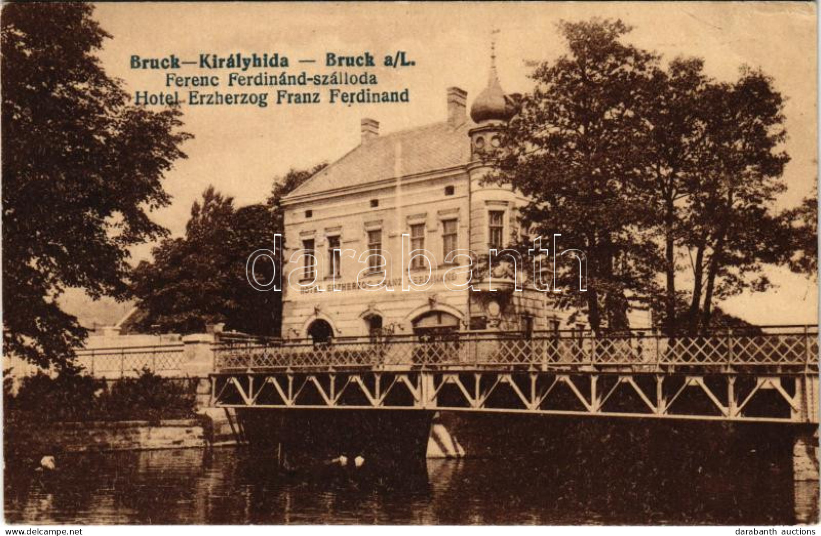 T2/T3 1918 Lajtabruck, Bruck An Der Leitha; Ferenc Ferdinánd Szálloda, Híd. Vasúti Levelezőlapárusítás 9153. / Hotel Erz - Ohne Zuordnung