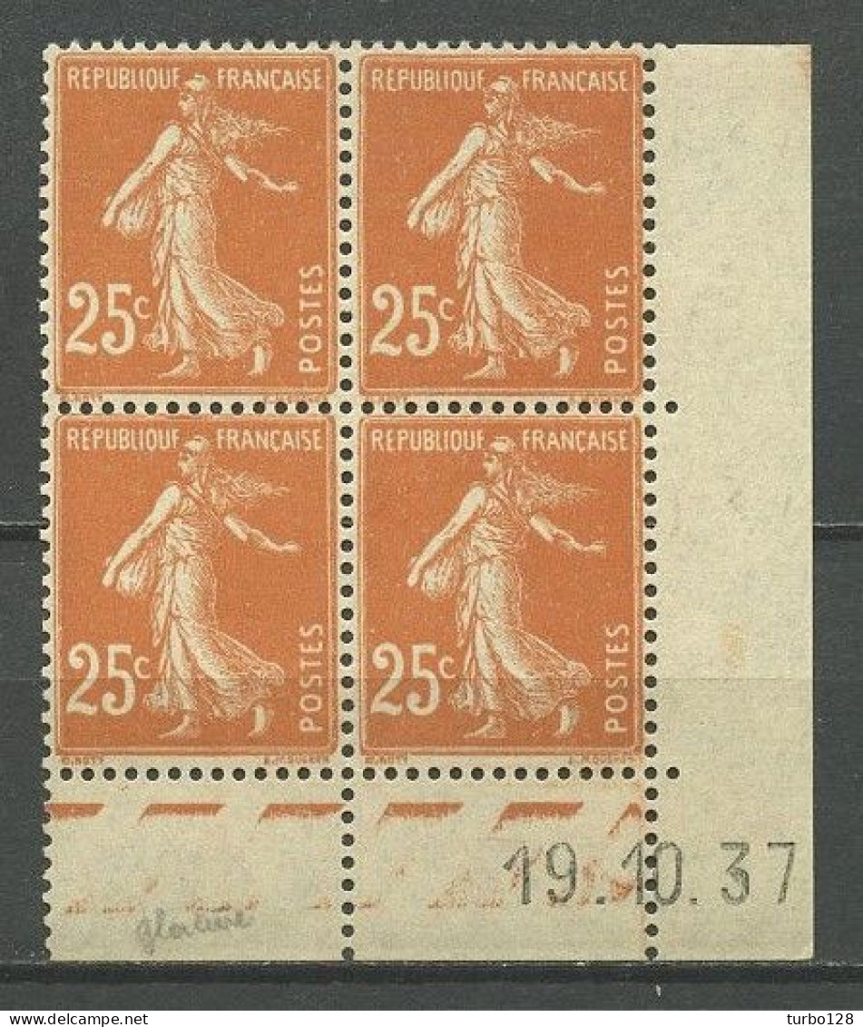 FRANCE 1937 N° 235 ** Neuf MNH Bloc De 4 Coin Daté Superbe Type Semeuse Fond Plein - ....-1929