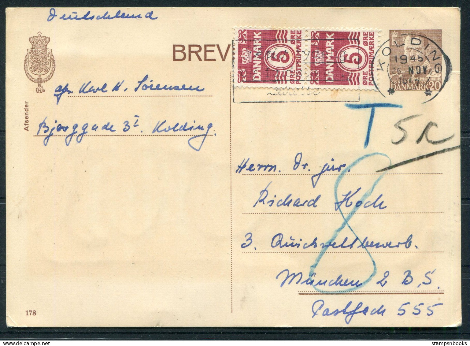 Denmark Uprated Stationery Postcard Kolding Brevkort Postage Due, Taxe - Munchen Germany - Lettres & Documents