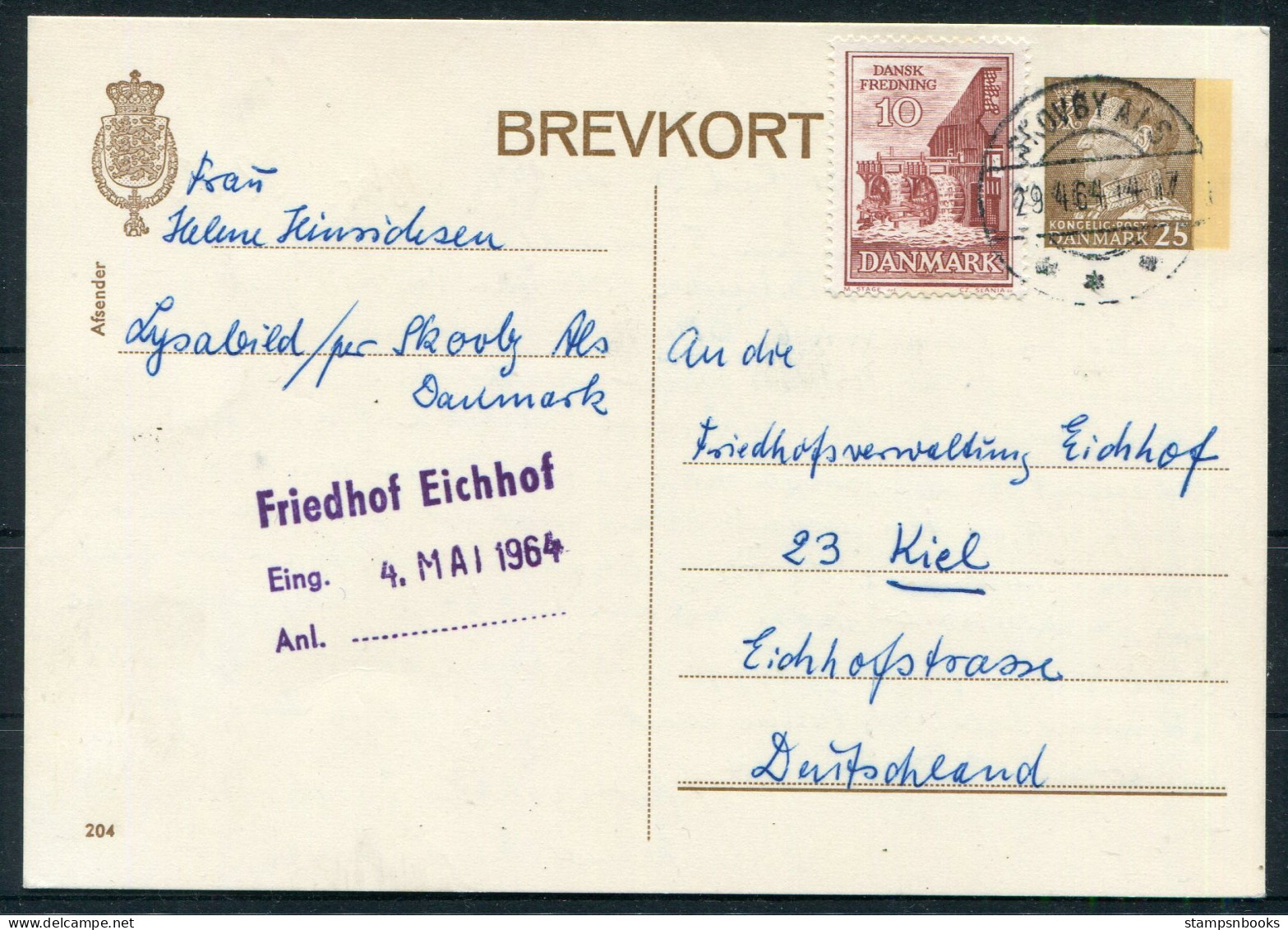 1964 Denmark Uprated 25ore Stationery Postcard (204) Skovby Als - Friedhof Eichhof Cemetery Kiel Germany - Lettres & Documents