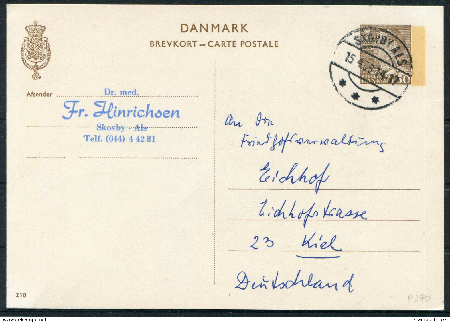 1969 Denmark 50ore Stationery Postcard (210) Skovby Als - Friedhof Eichhof Cemetery Kiel Germany - Storia Postale