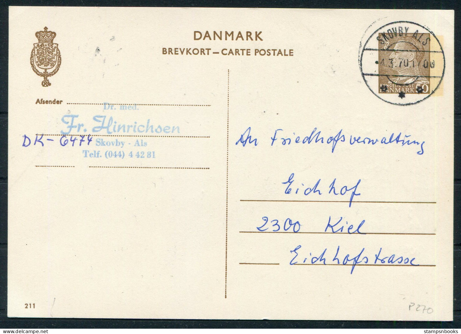 1970 Denmark 50ore Stationery Postcard (211) Skovby Als - Friedhof Eichhof Cemetery Kiel Germany - Briefe U. Dokumente