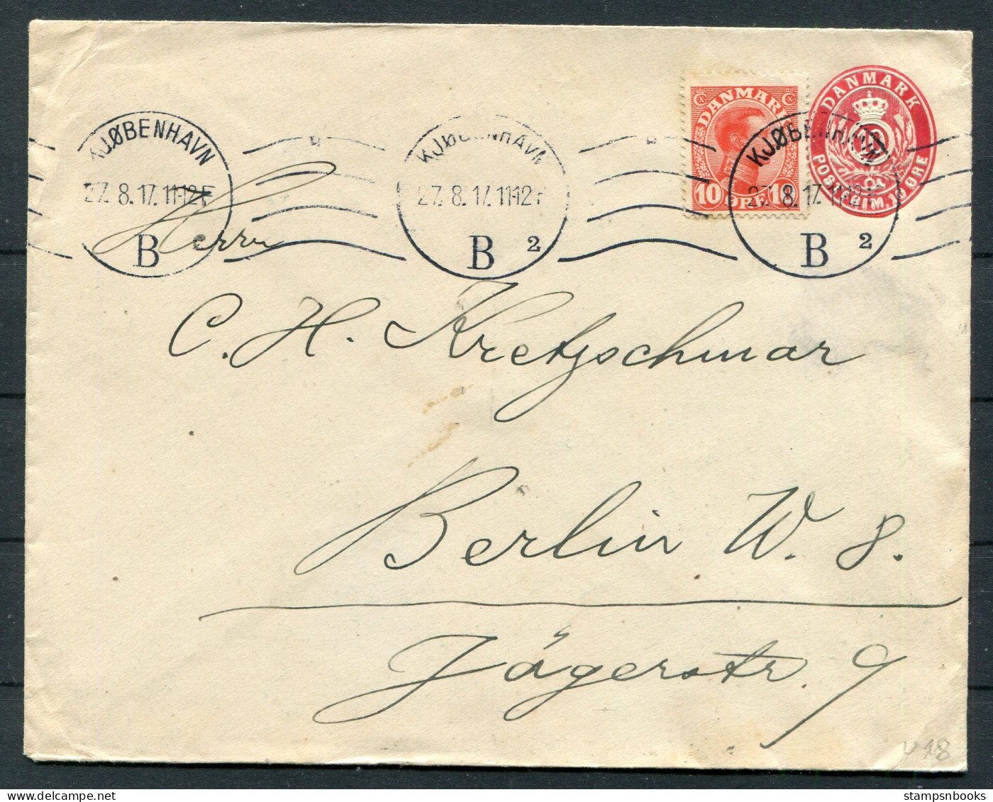 1917 Denmark Uprated 10ore Stationery Cover Copenhagen - Berlin Germany - Briefe U. Dokumente