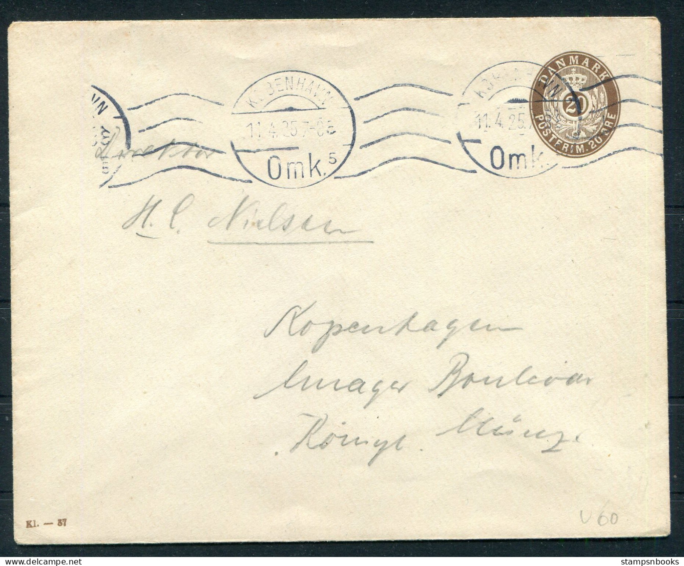 1925 Denmark 20ore Stationery Cover (KL - 37) Copenhagen  - Covers & Documents