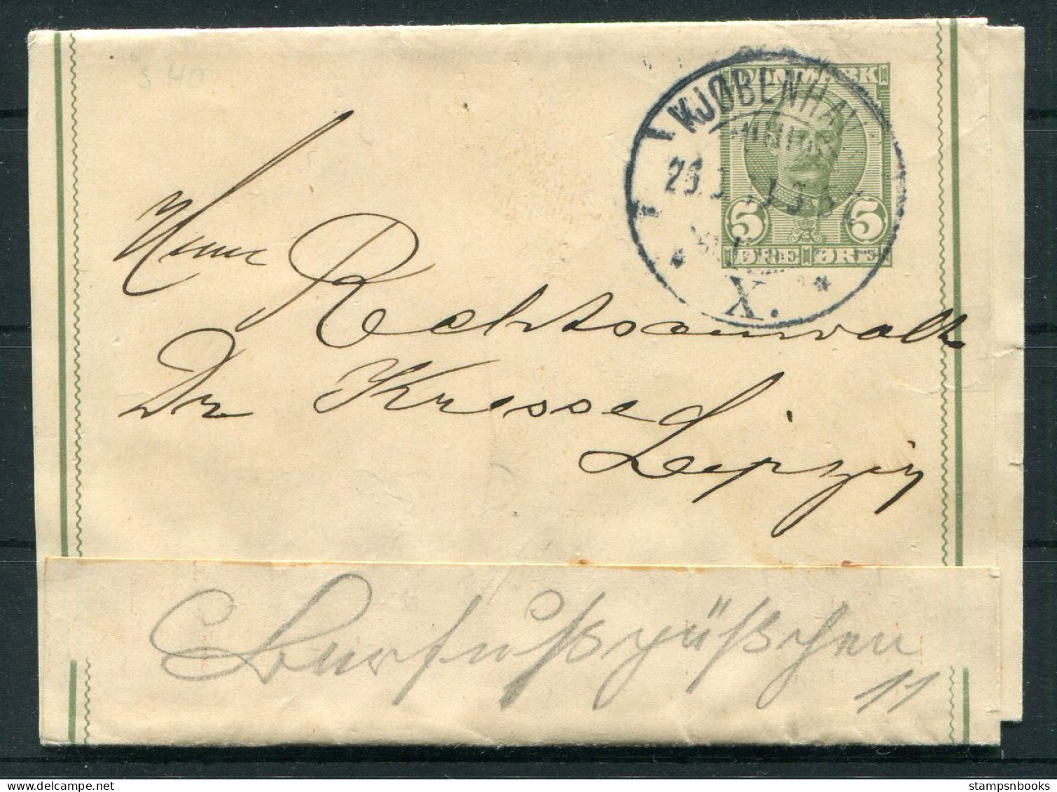 Denmark 5ore Stationery Wrapper Copenhagen - Leipzig Germany - Storia Postale