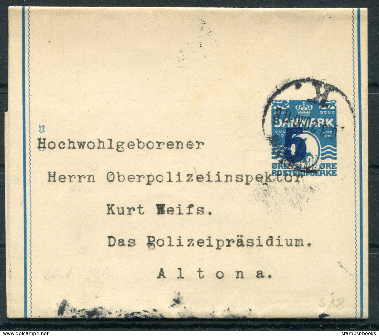 1920 Denmark 5/4ore Stationery Wrapper Copenhagen - Police Inspector, Oberpolizeiinspektor, Altona Germany - Storia Postale