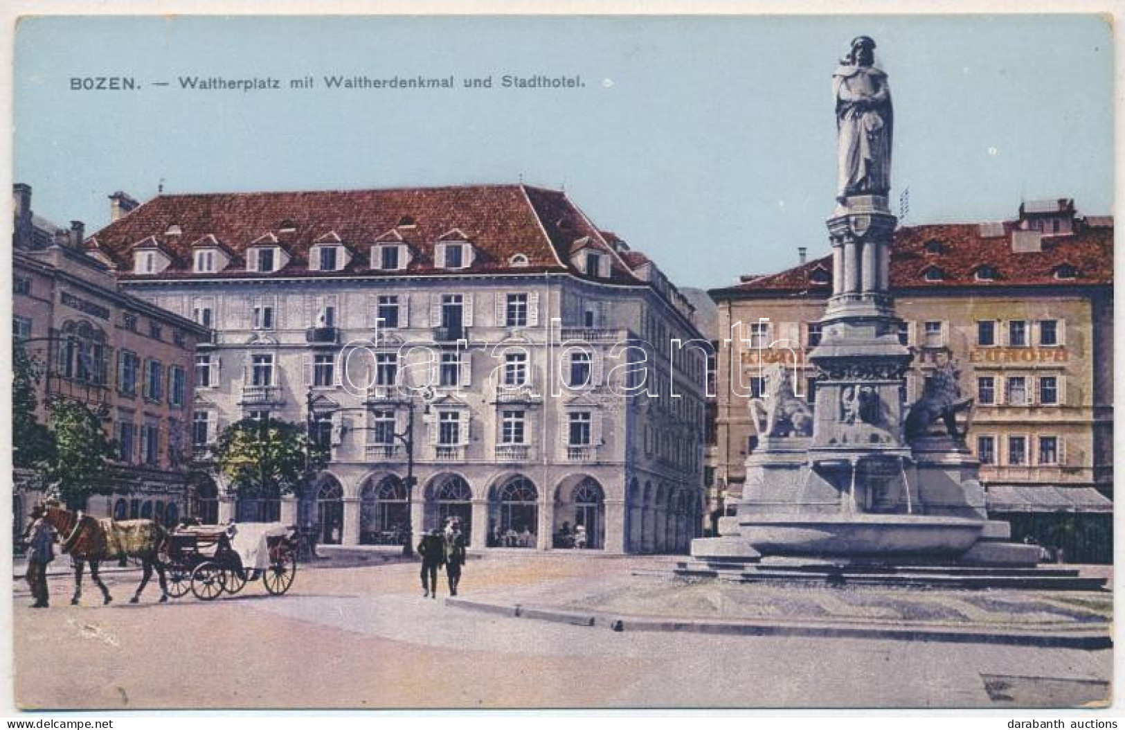 * T2/T3 Bolzano, Bozen; Waltherplatz, Waltherdenkmal, Stadthotel / Square, Statue, Hotel (Rb) - Ohne Zuordnung