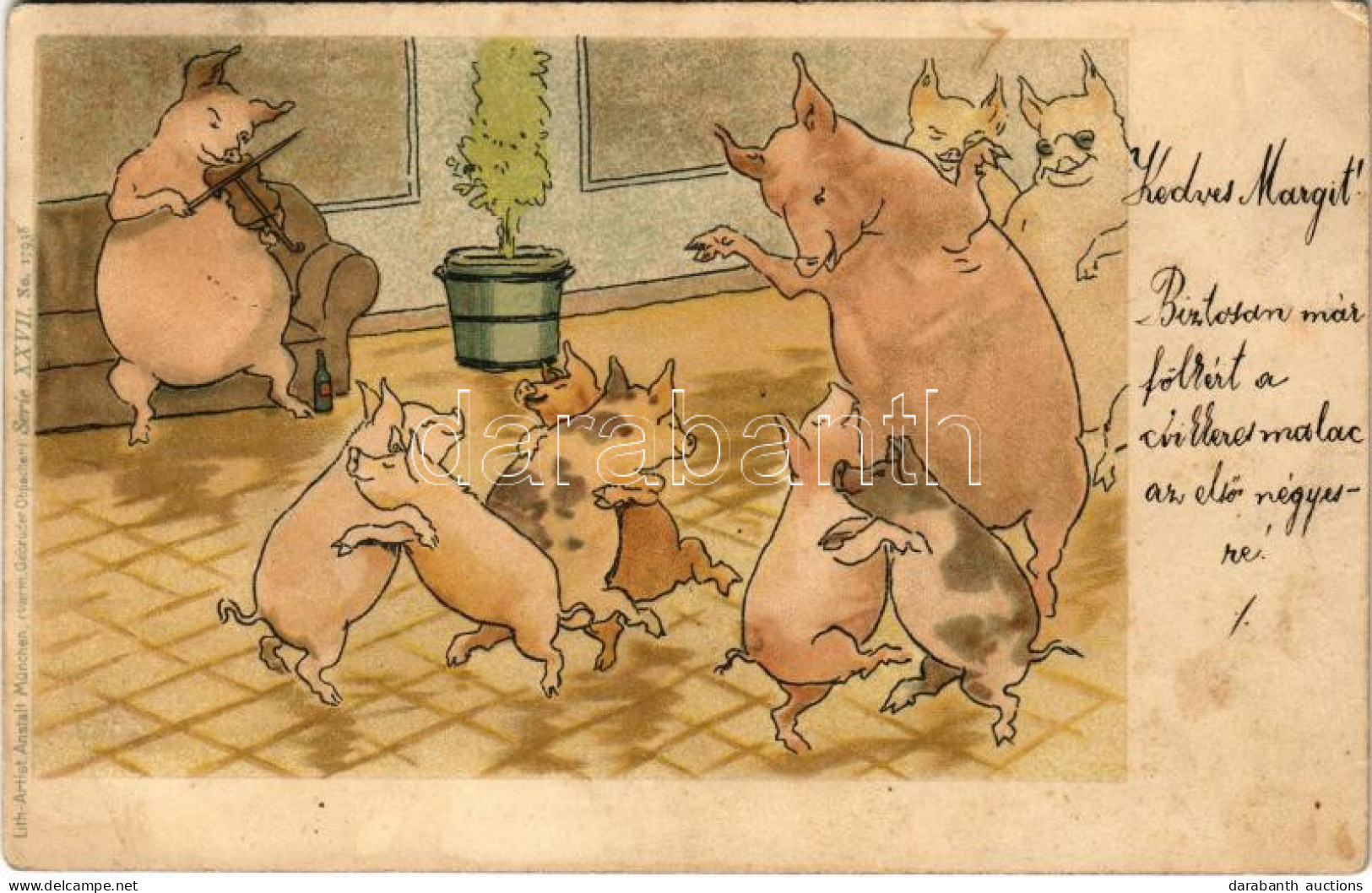 T3 ~1899 (Vorläufer) Malac Buli / Pig Party. Gebrüder Obpacher Serie XXVII. No. 17938. Litho (fl) - Ohne Zuordnung