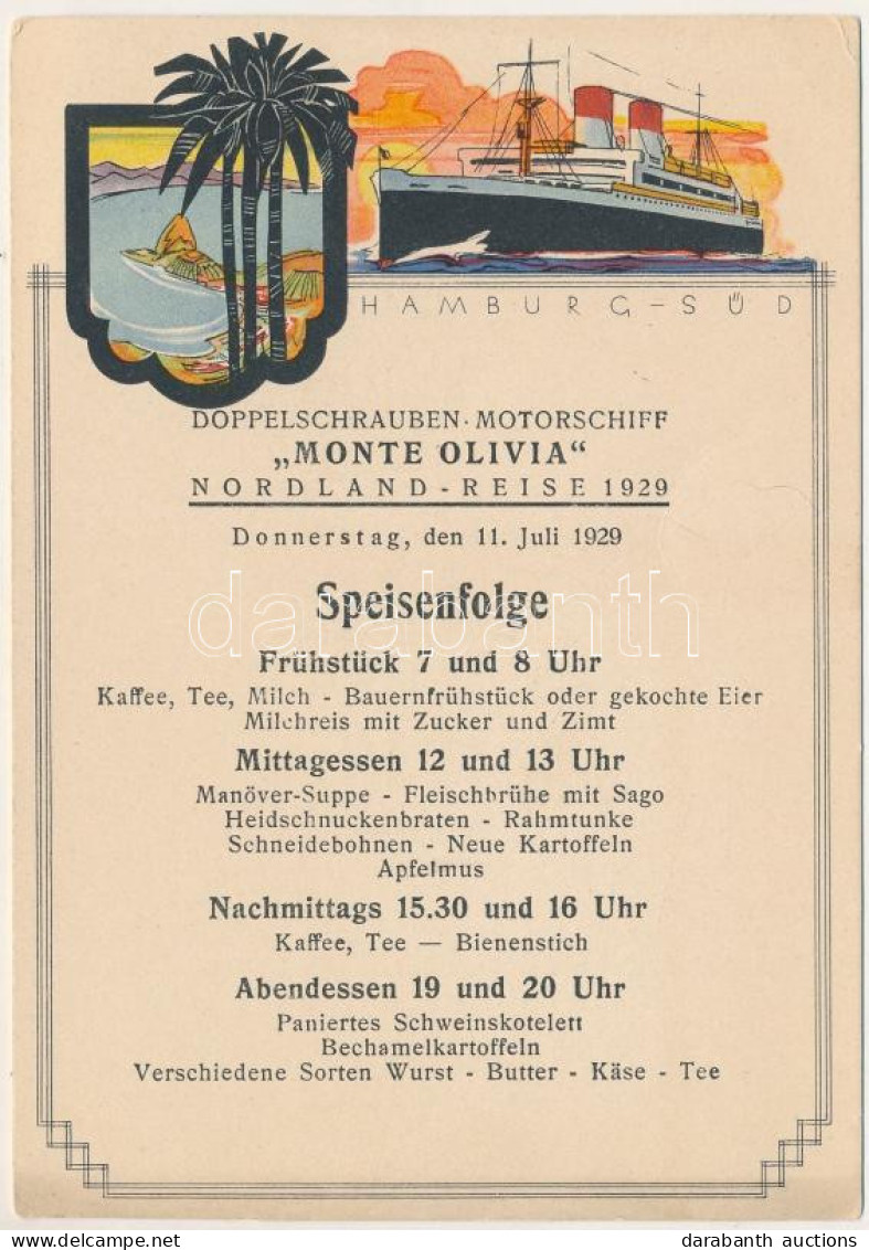 ** T2/T3 Hamburg-Süd Doppelschrauben-Motorschiff "Monte Olivia" Nordland Reise 1929 - Speisenfolge / Német Hajókirándulá - Ohne Zuordnung