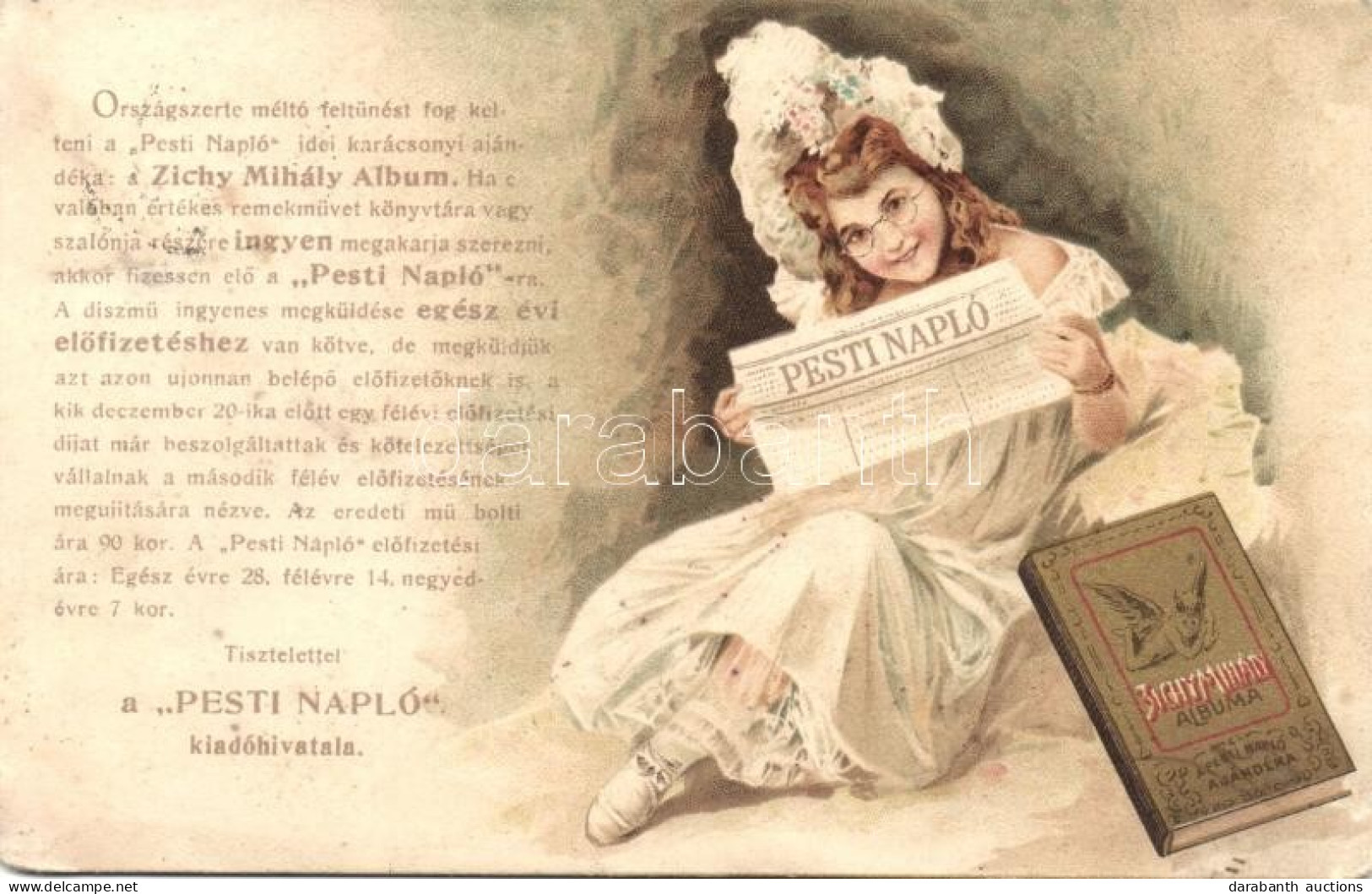 T3 Pesti Napló Előfizetés; Zichy Mihály Albuma Ajándék, Reklám / Hungarian Newspaper Advertisement, Girl, Litho (EB) - Non Classés