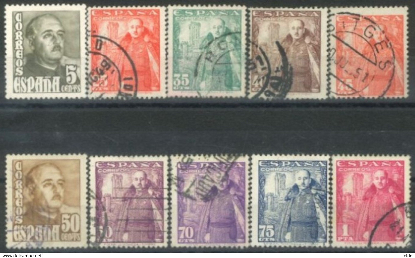 SPAIN,  1948/49, GENERAL FRANCO STAMPS SET OF 10, # 753, & 760/68, USED. - Gebruikt