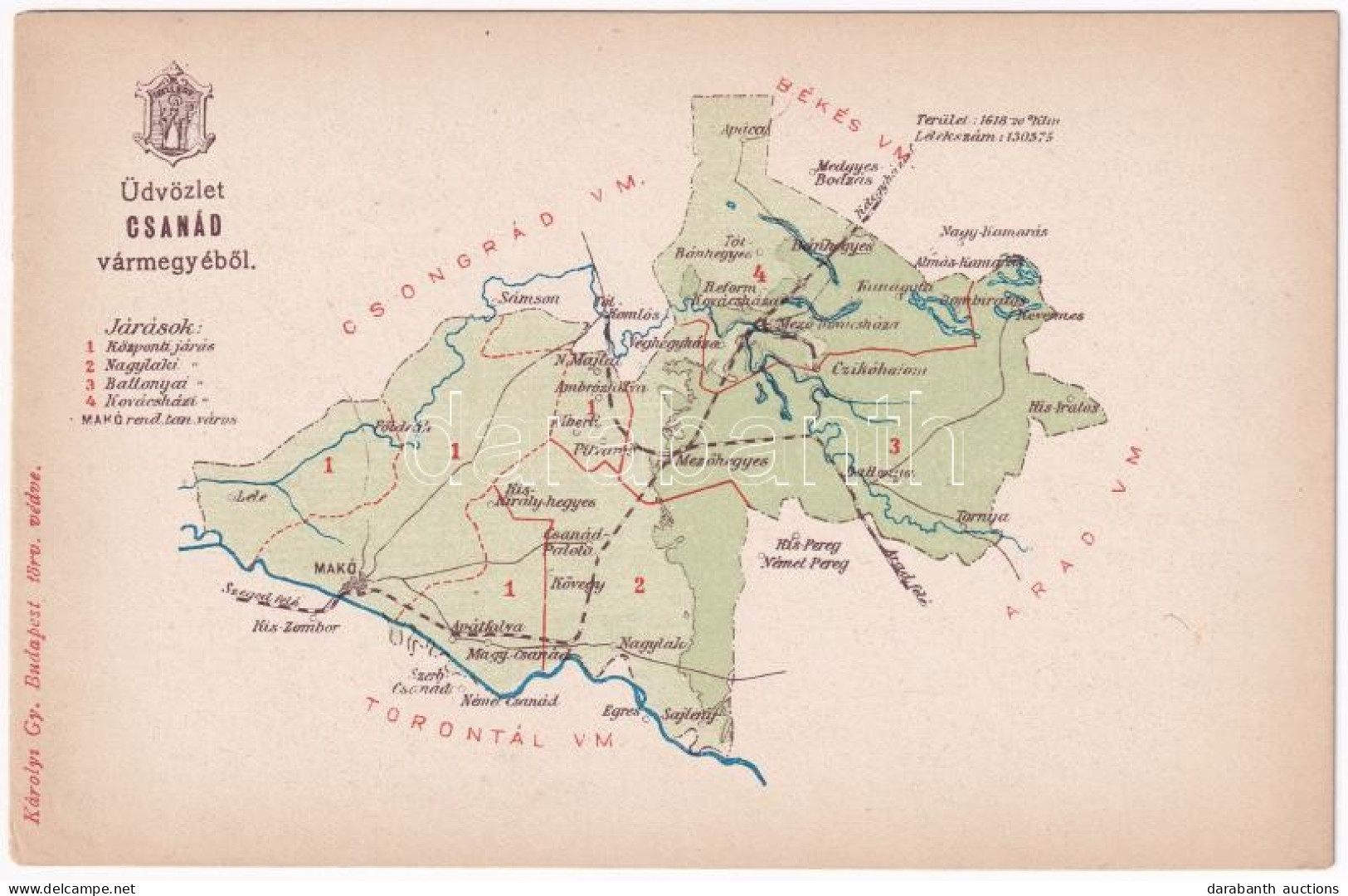 ** T1 Csanád Vármegye Térképe. Kiadja Károlyi Gy. / Map Of Csanád County - Ohne Zuordnung