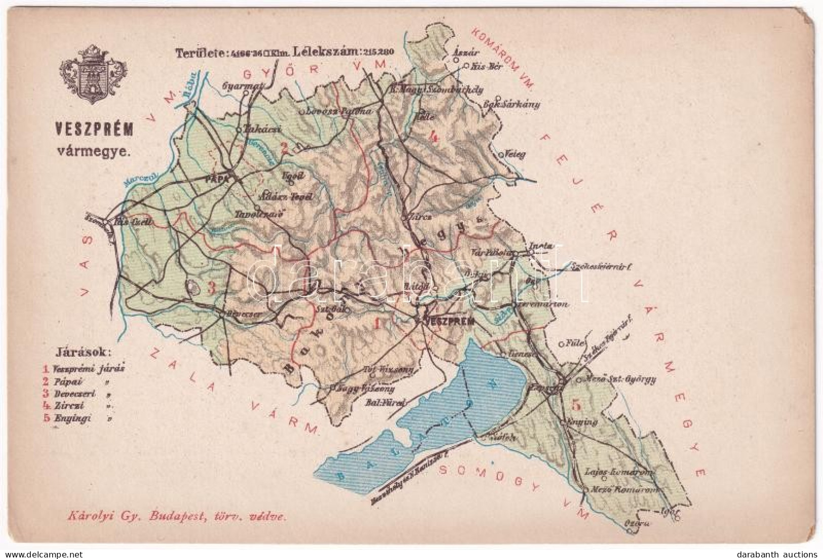 ** T2/T3 Veszprém Vármegye Térképe. Kiadja Károlyi Gy. / Map Of Veszprém County (EM) - Non Classés