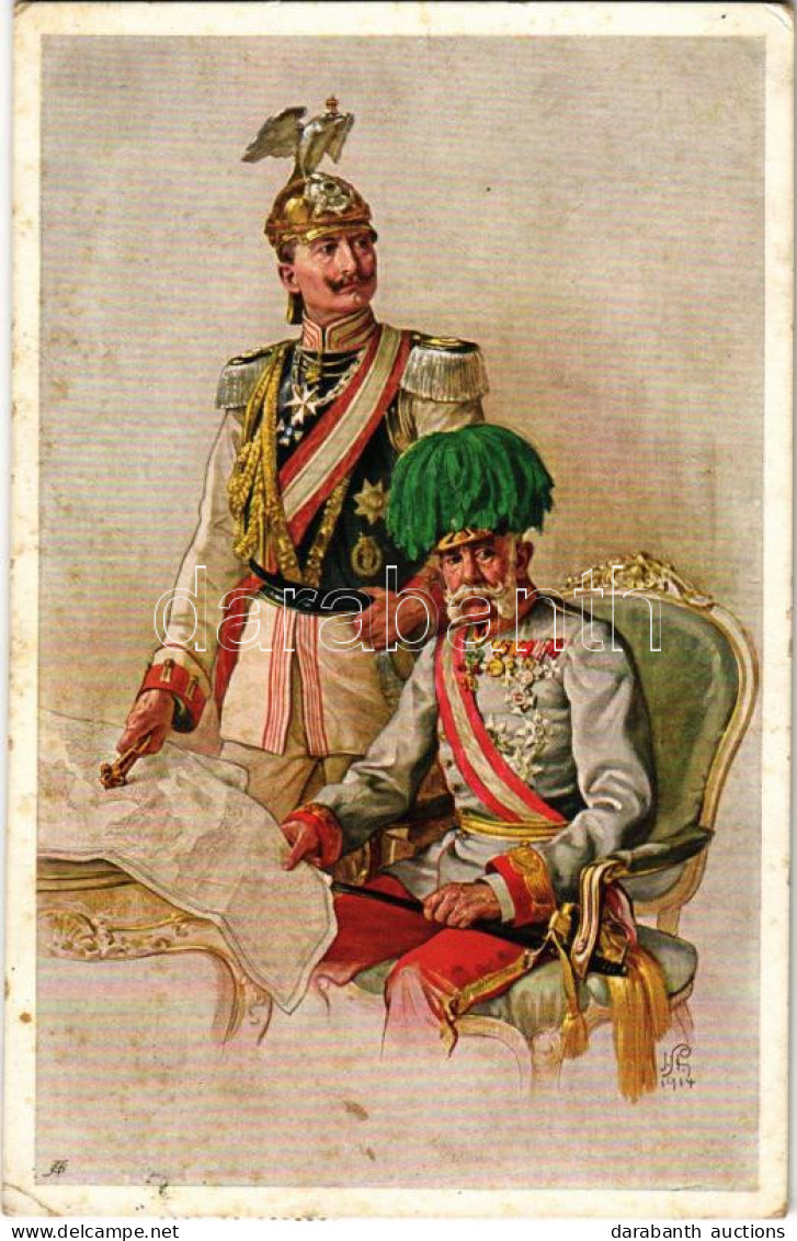 T3 1914 Wilhelm II, Franz Joseph I Of Austria. WWI German And Austro-Hungarian K.u.K. Military Art Postcard, Viribus Uni - Non Classificati