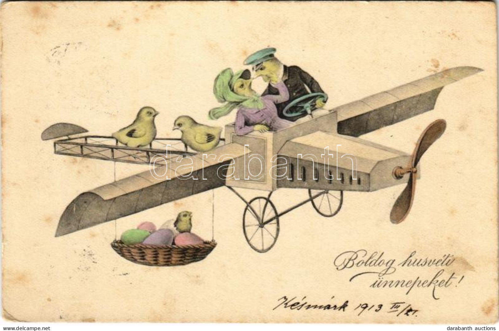 T2/T3 1913 Boldog Húsvéti ünnepeket / Easter Greeting Art Postcard With Chicken And Aeroplane. H. H. I. W. Nr. 863. (fl) - Non Classificati
