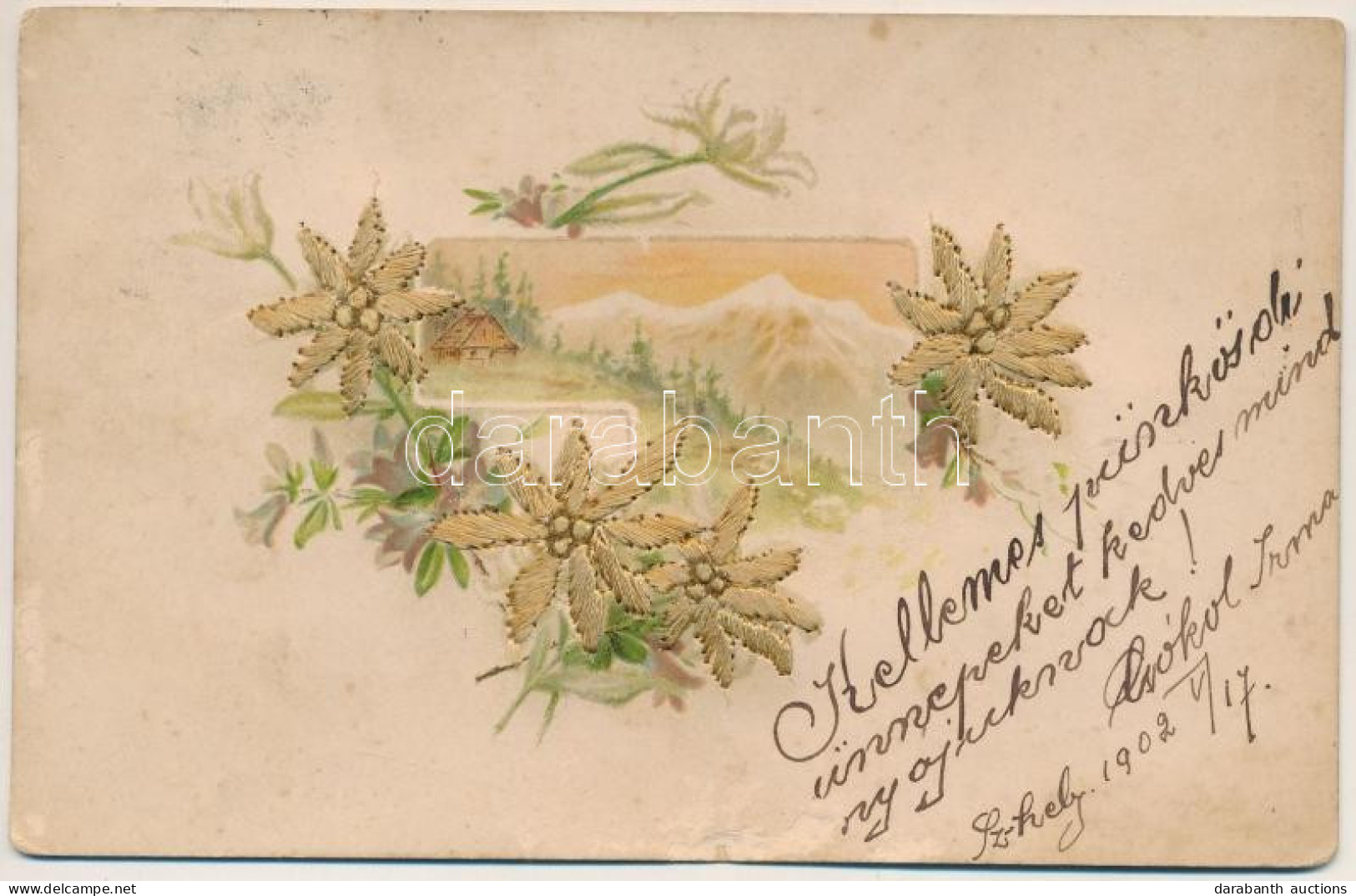 T3/T4 1902 Hímzett Havasi Gyopáros üdvözlő Képeslap. Schmidt Testvérek Kiadása / Embroidered Edelweiss Flower Greeting P - Non Classés