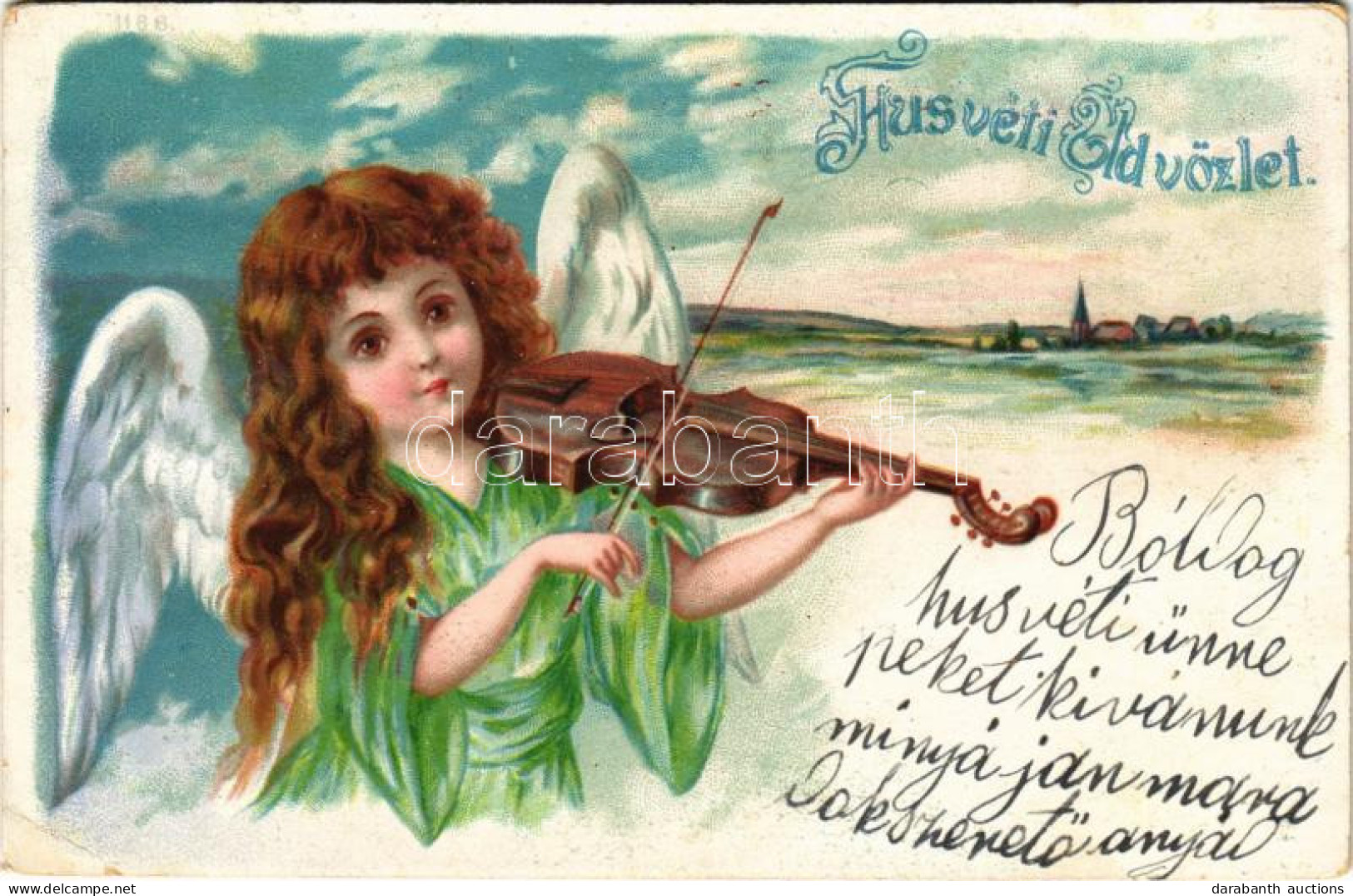 T2/T3 1904 Húsvéti üdvözlet: Hegedülő Angyalka / Easter Greeting, Angel Playing On The Violin. Litho (EK) - Non Classés