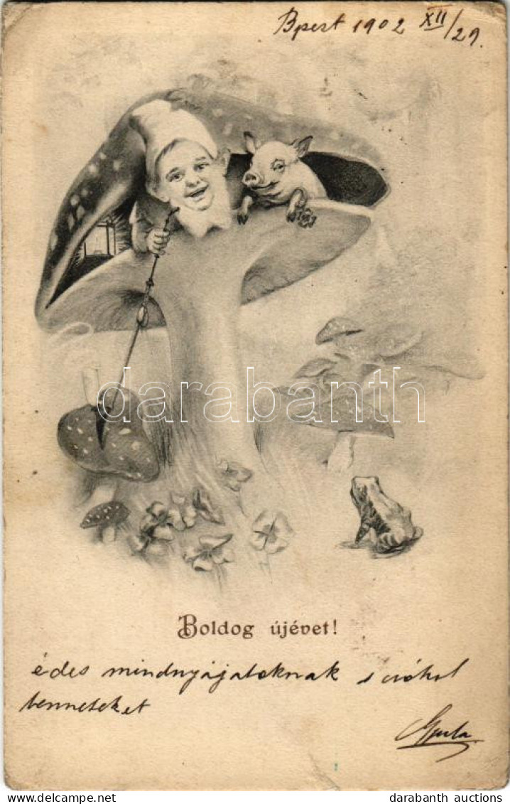 T3 1902 Boldog új évet! Törpe Malaccal Gombával és Békával / New Year, Dwarf With Pig, Mushroom And Frog (EK) - Non Classificati