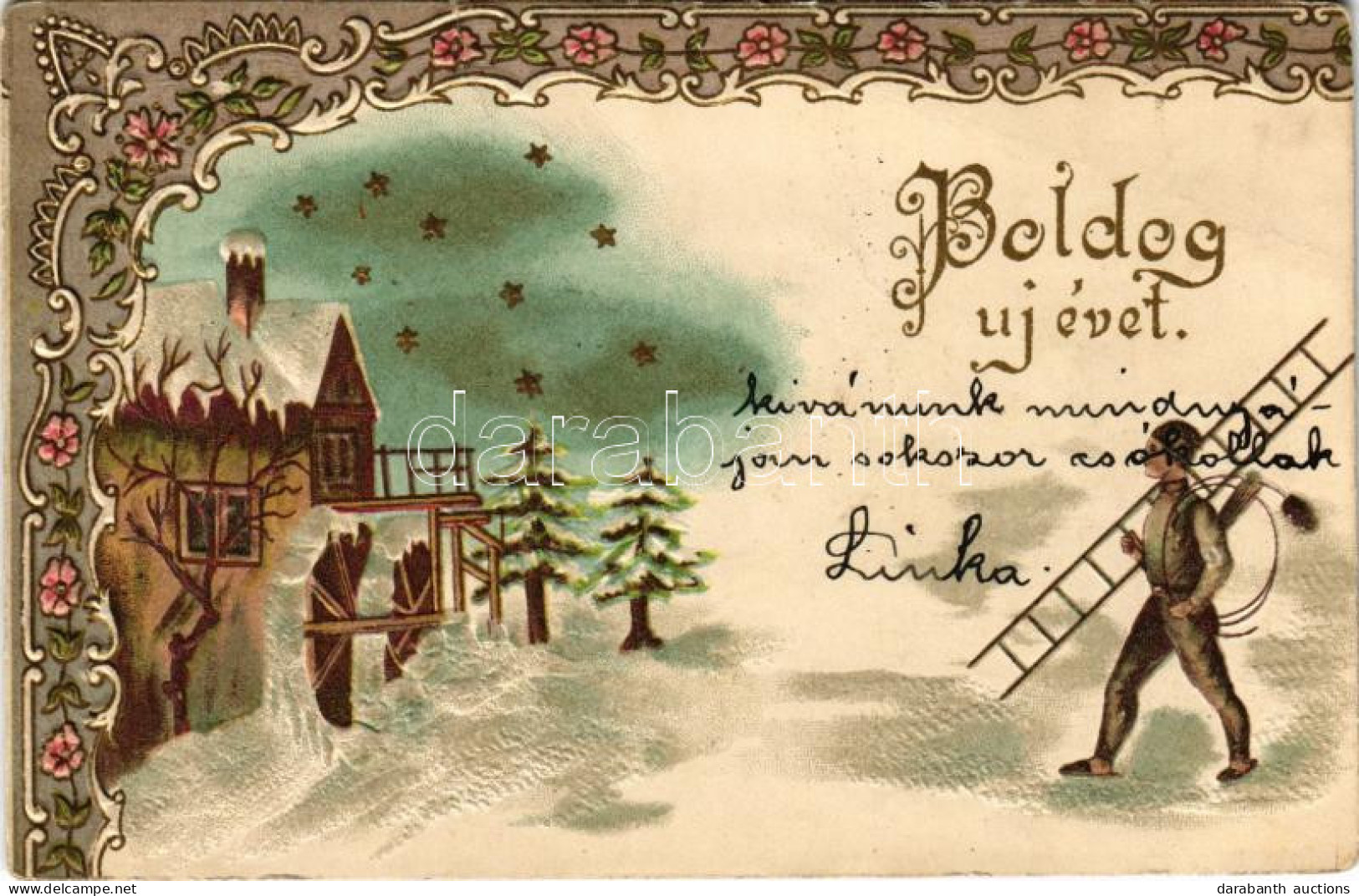 * T2/T3 Boldog új évet! Kéményseprővel / New Year, Chimney Sweeper. Art Nouveau, Floral, Litho Emb. (Rb) - Ohne Zuordnung