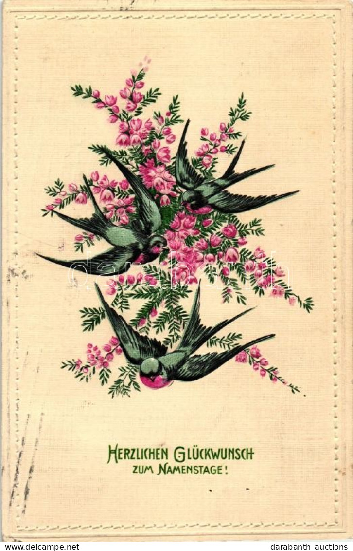 T2/T3 Name Day, Flowers And Swallows, Greeting Card, Emb. - Non Classés