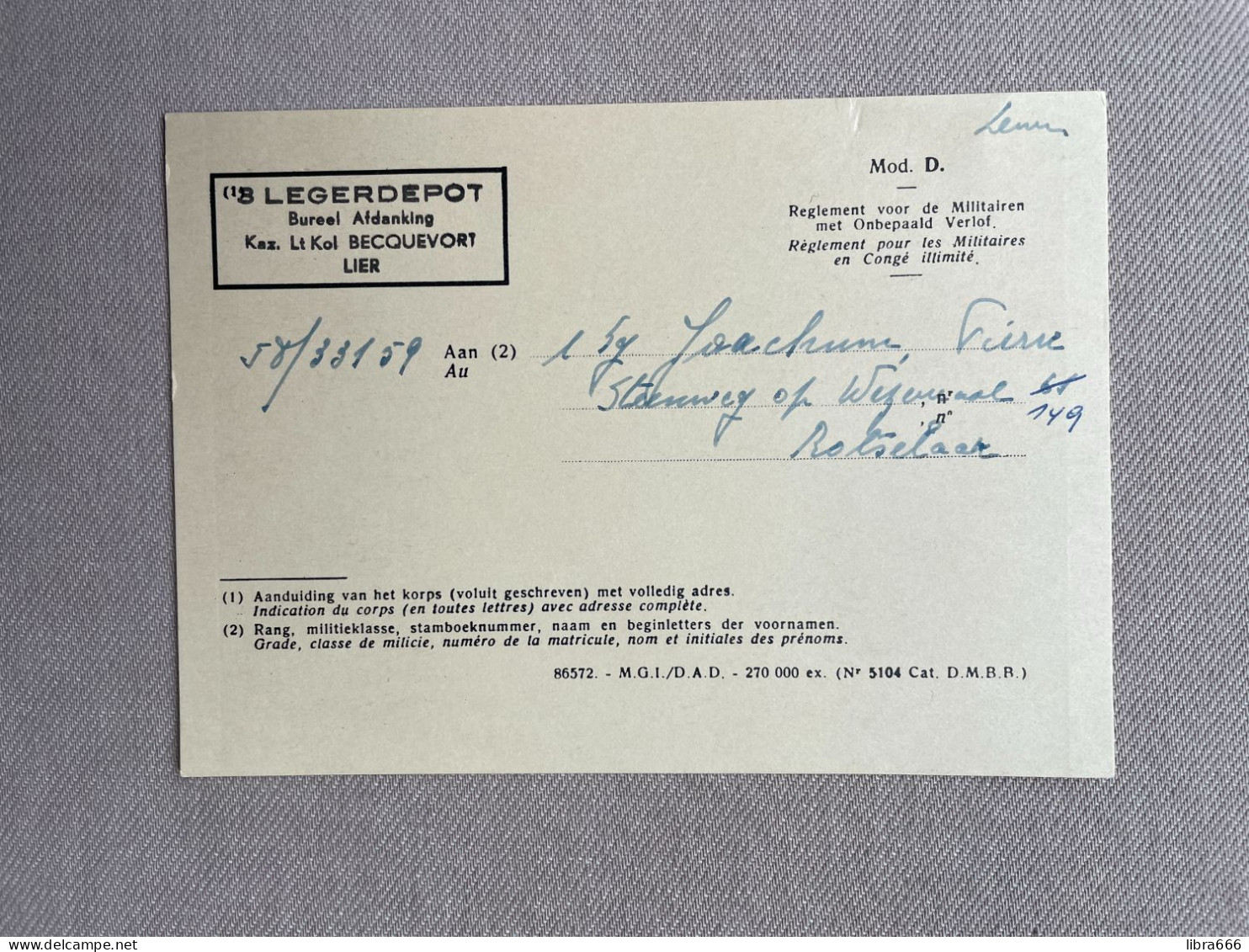 1972 JOACHUM Pierre - BILJET VOOR DEFINITIEF VERLOF-TITRE DE CONGE DEFINITIF / 3 LEGERDEPOT, Kaz. Lt Kol Becquevort LIER - Documents